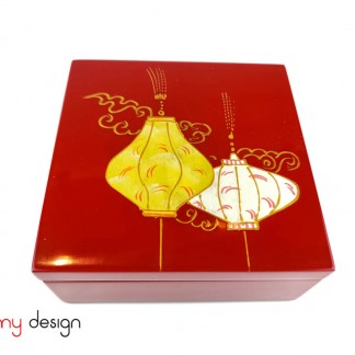 Red square lacquer box hand painted with lanterns